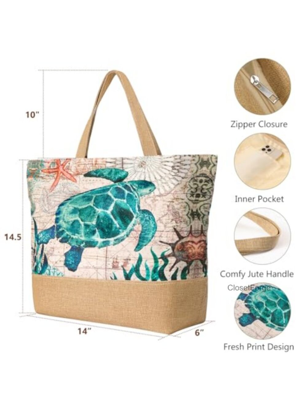 Jute Beach Tote Bag Waterproof Straw Beach Bag Womens Large Capacity Zipper - Picture 3 of 6